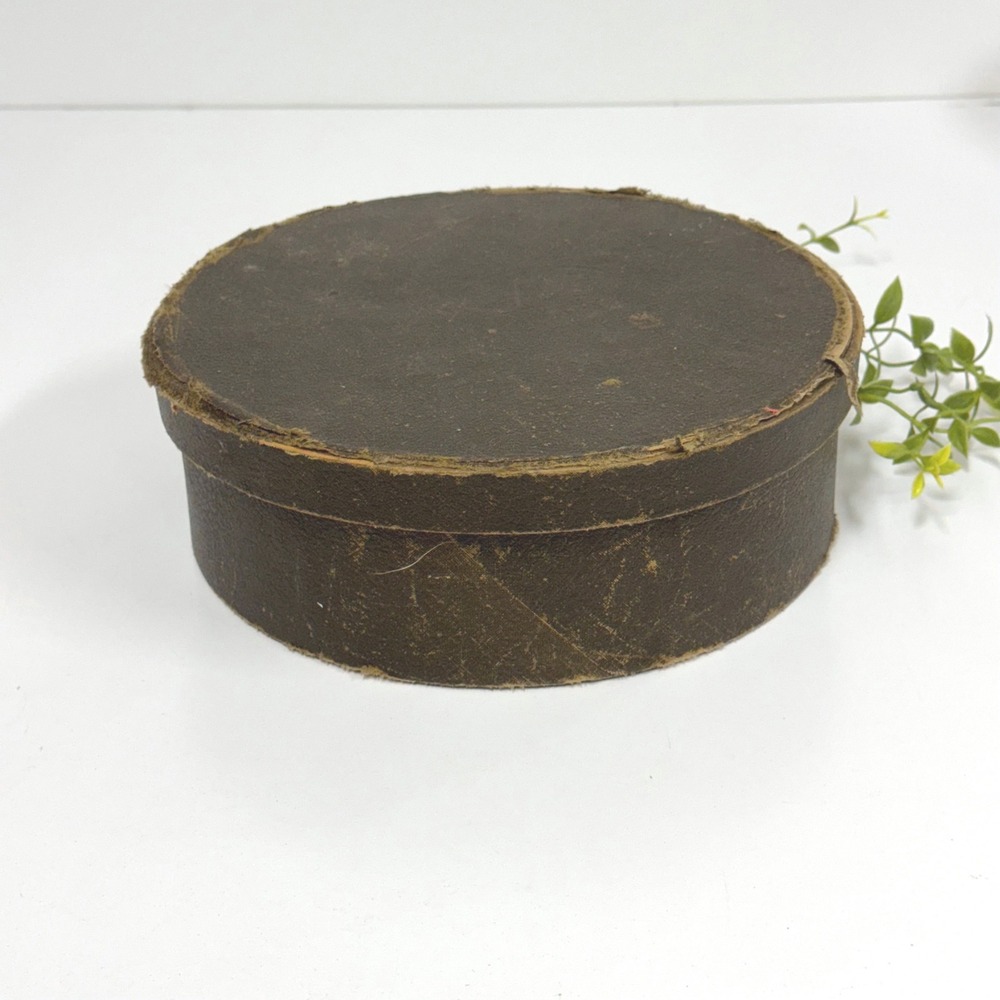 Vintage Round Cardboard Collar Hat Box faux leather Dk Brown Millinery Mold